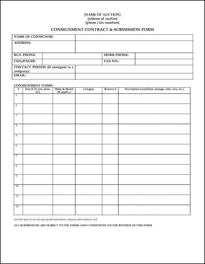Consignment Contract Form Consignment Contract Form