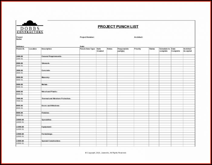 Construction Punch List Template Word Construction Punch List Template Word