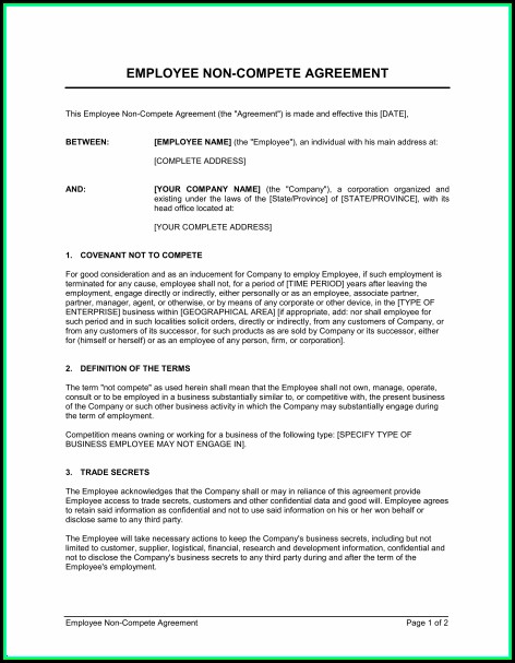 Employee Non Compete Agreement Template Word Employee Non Compete Agreement Template Word