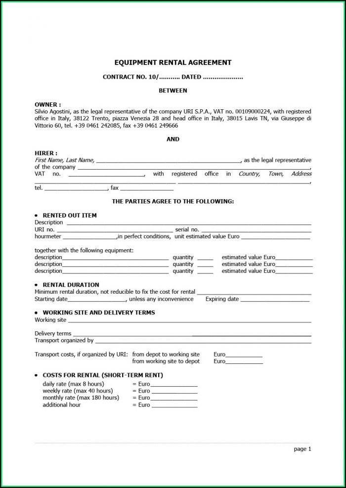Equipment Rental Agreement Template Equipment Rental Agreement Template