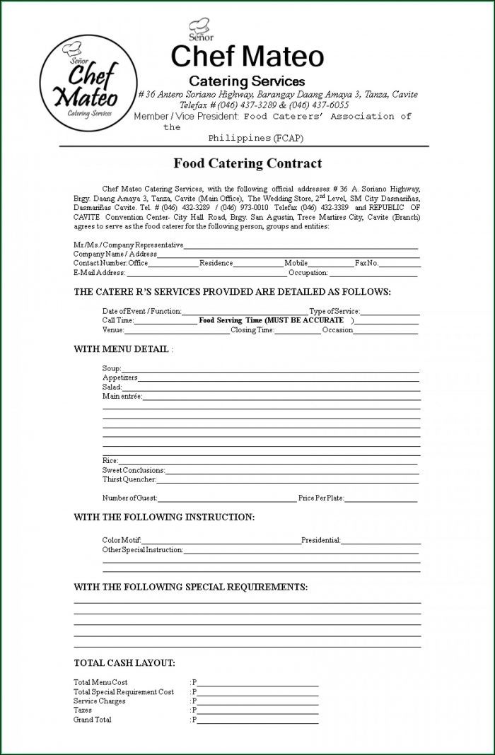Free Printable Catering Contract Template Free Printable Catering Contract Template