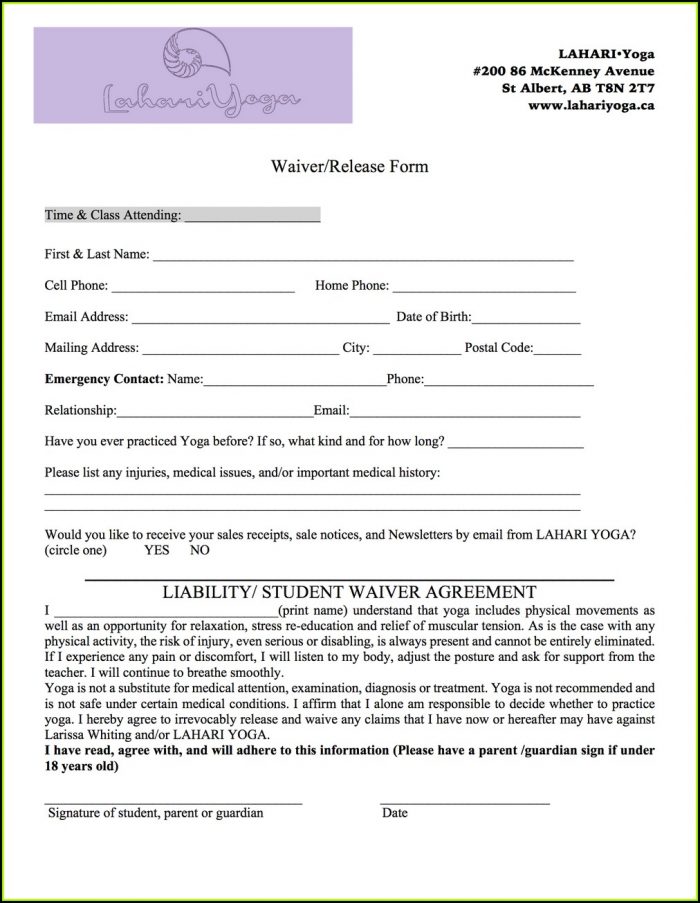 Yoga Waiver Form Template Canada Yoga Waiver Form Template Canada