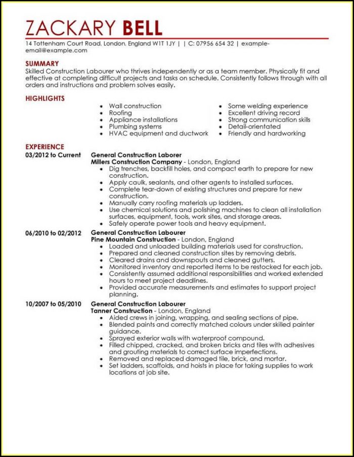 Construction Resume Template Word Construction Resume Template Word