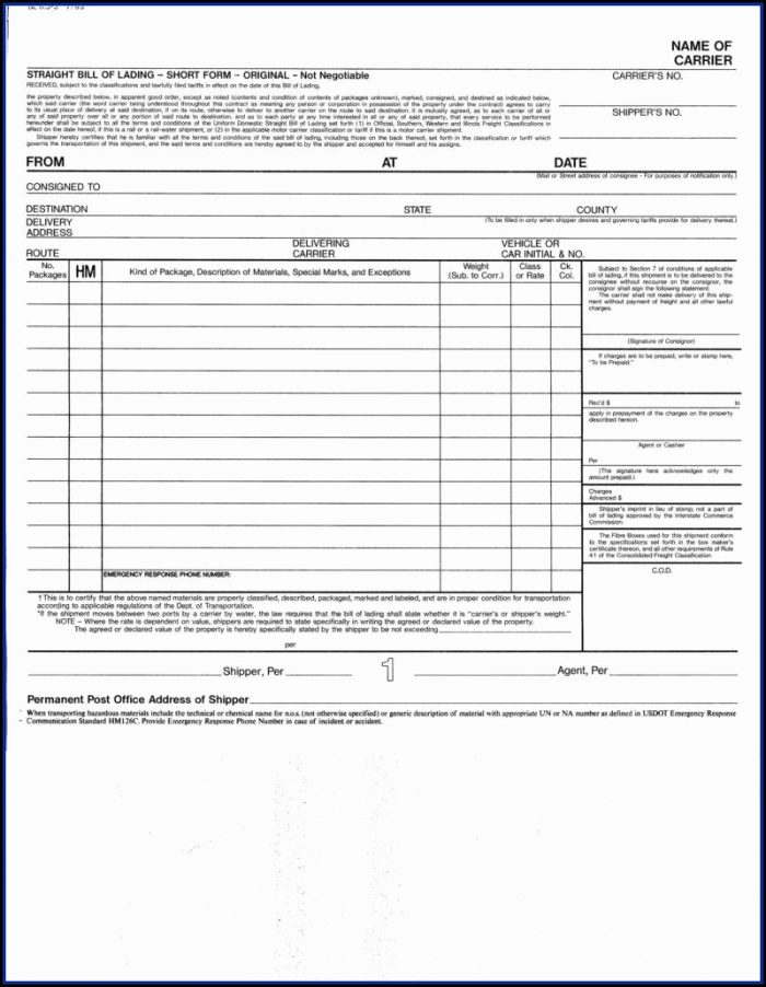 Straight Bill Of Lading Template Straight Bill Of Lading Template