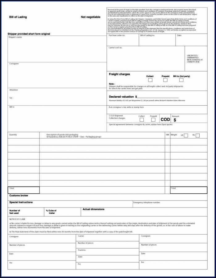 Straight Bill Of Lading Template Canada Straight Bill Of Lading Template Canada
