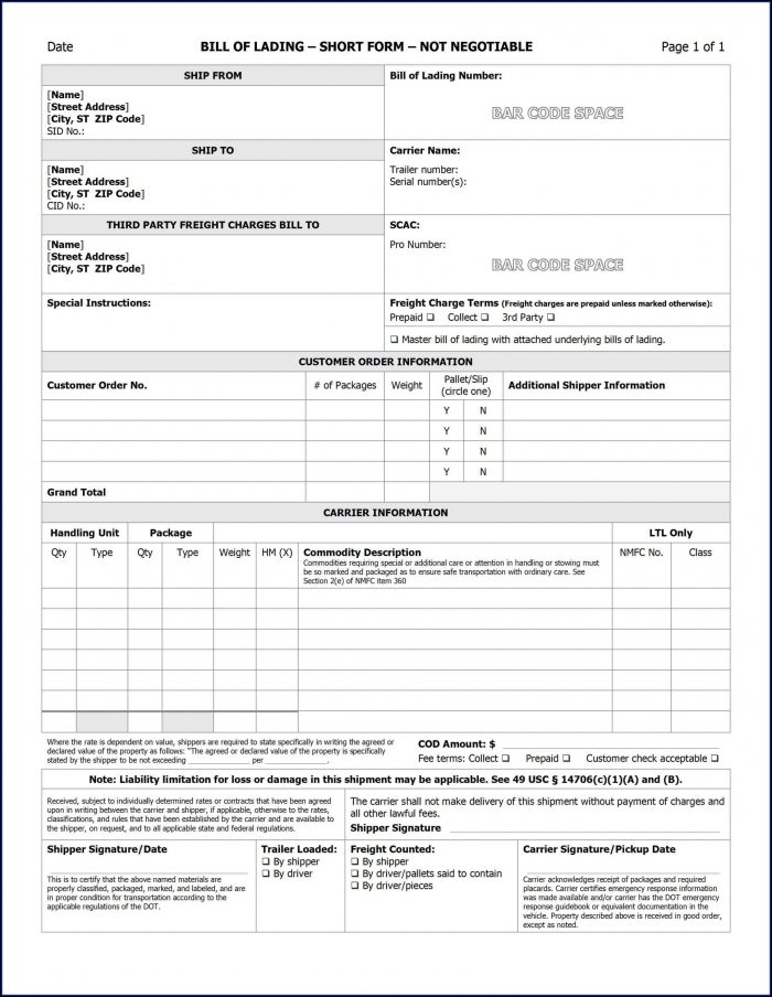 Straight Bill Of Lading Template Word Straight Bill Of Lading Template Word