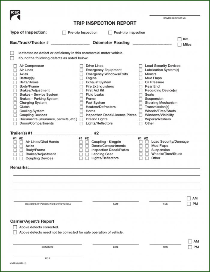 Daily Vehicle Inspection Report Template Ontario Daily Vehicle Inspection Report Template Ontario