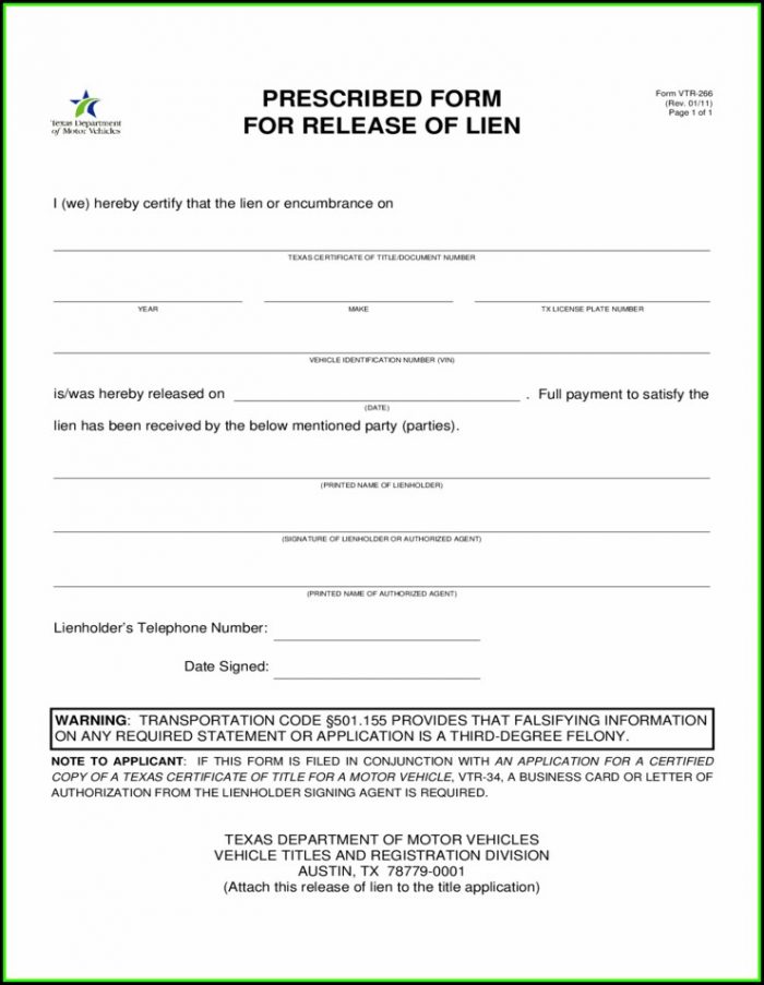 Lien Holder Release Form Texas Lien Holder Release Form Texas