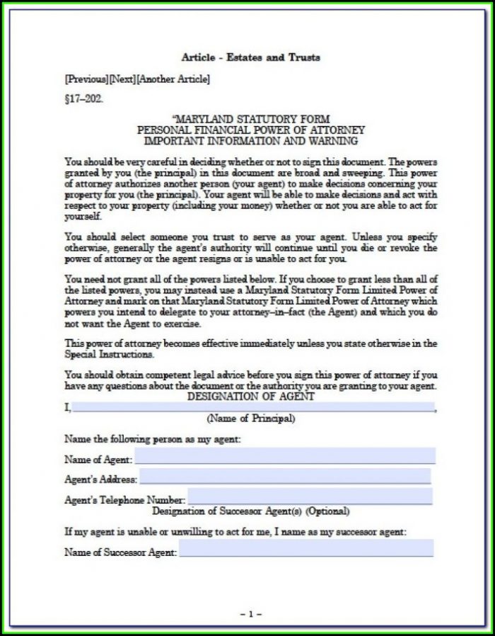 Maryland Durable Power Of Attorney Form Free Printable Maryland Durable Power Of Attorney Form Free Printable