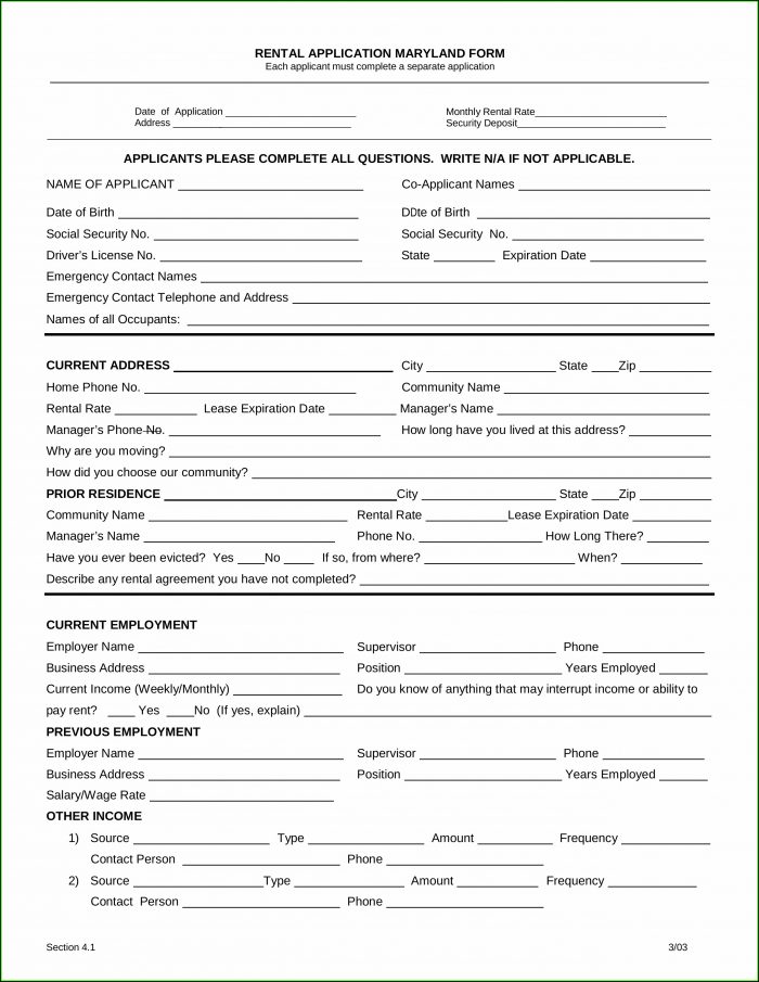 Maryland Rental Application Form Maryland Rental Application Form