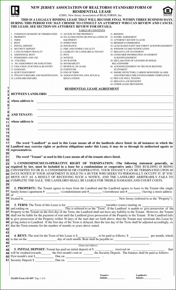 New Jersey Association Of Realtors Standard Form Of Residential Lease 2018 New Jersey Association Of Realtors Standard Form Of Residential Lease 2018