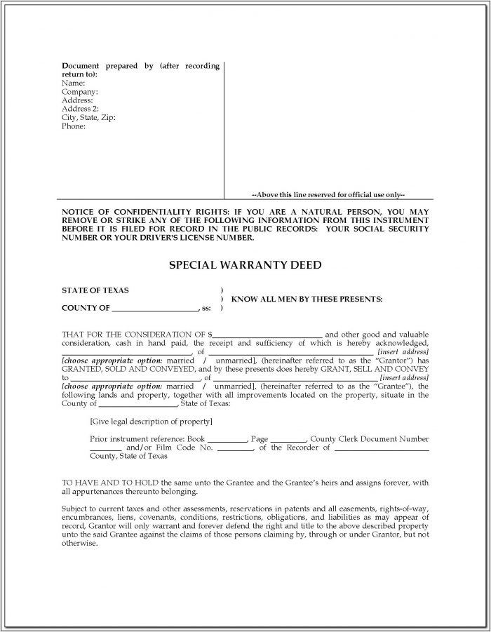 Special Warranty Deed Form Texas Special Warranty Deed Form Texas