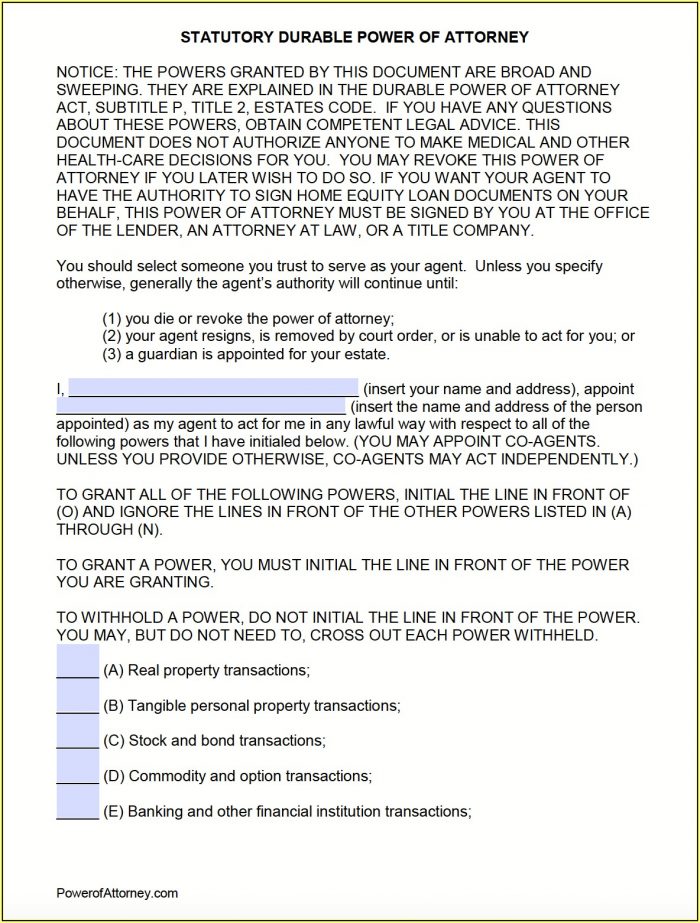 Statutory Durable Power Of Attorney Texas Form Statutory Durable Power Of Attorney Texas Form