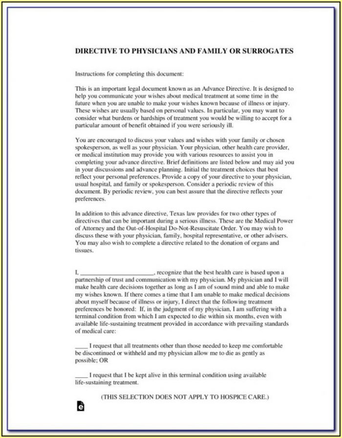 Texas Living Will And Advance Medical Directive Form Texas Living Will And Advance Medical Directive Form