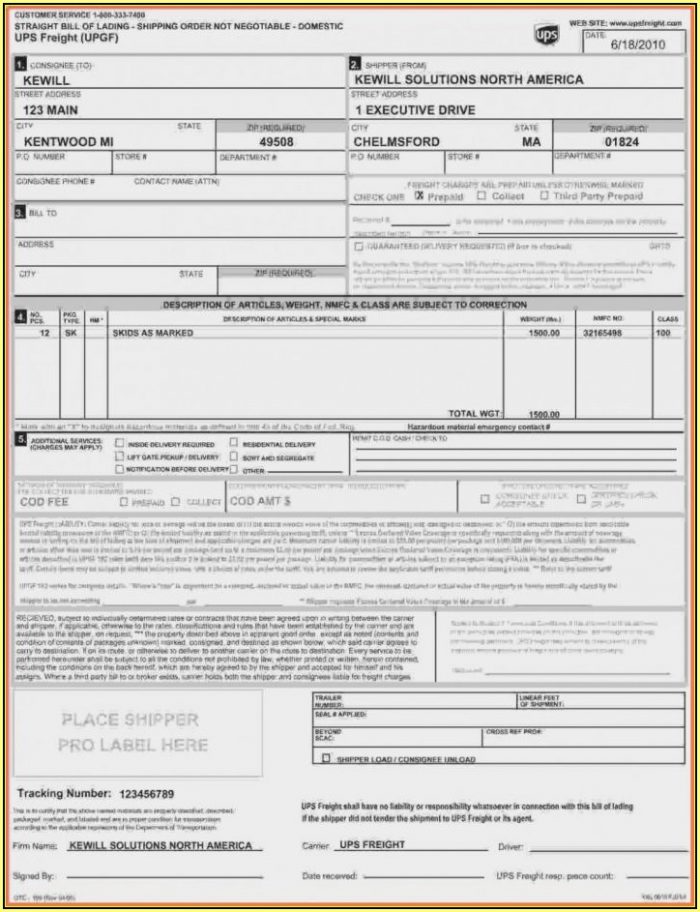 Ups Straight Bill Of Lading Form Ups Straight Bill Of Lading Form