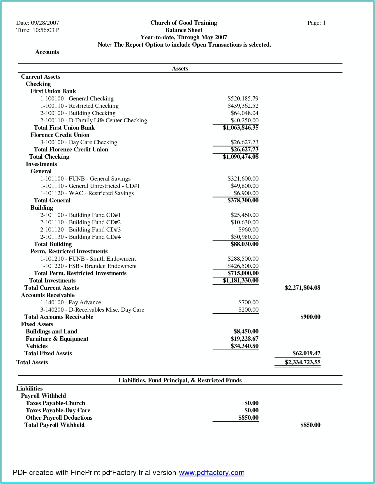 Church Balance Sheet Template Excel