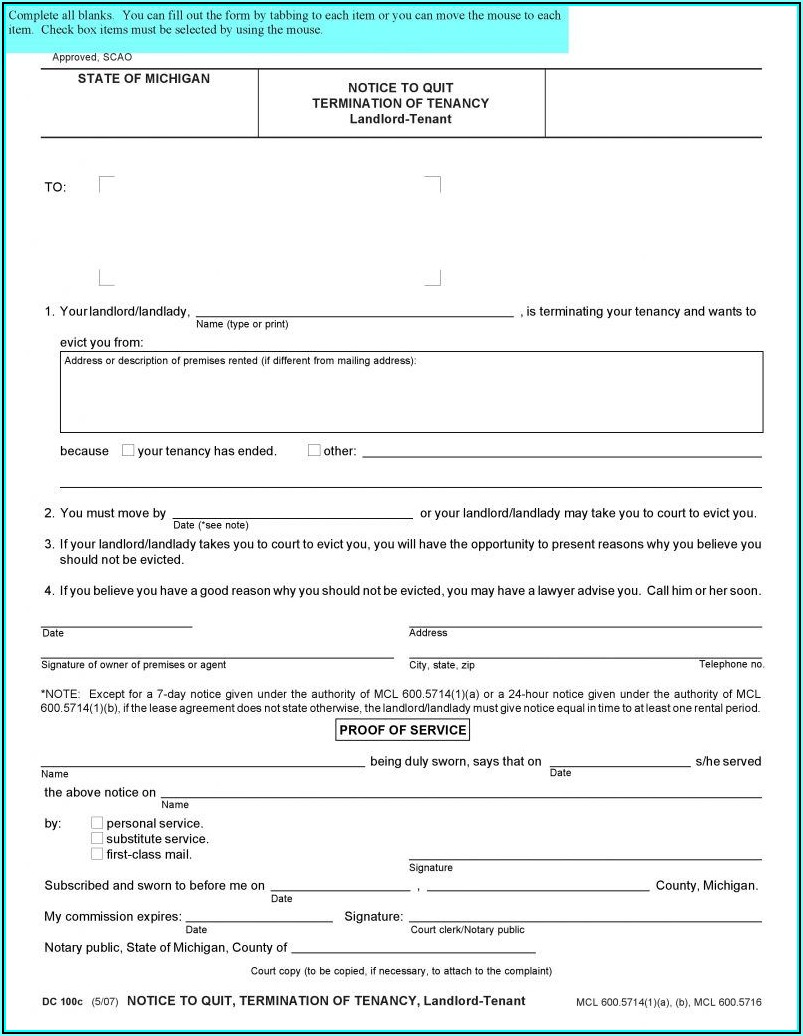 Free Notice To Quit Form Michigan