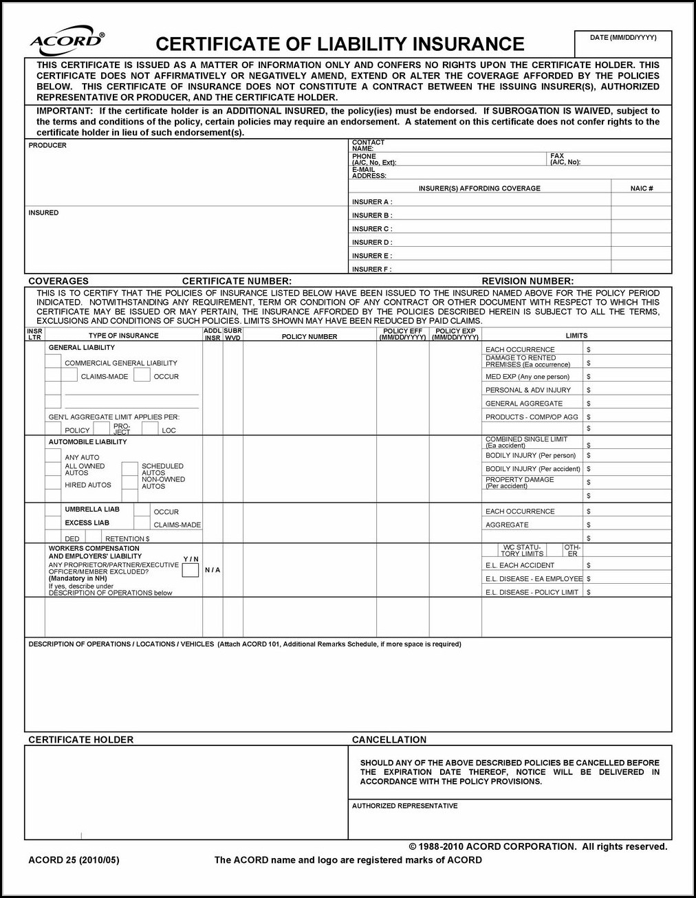 Free acord forms printable for business